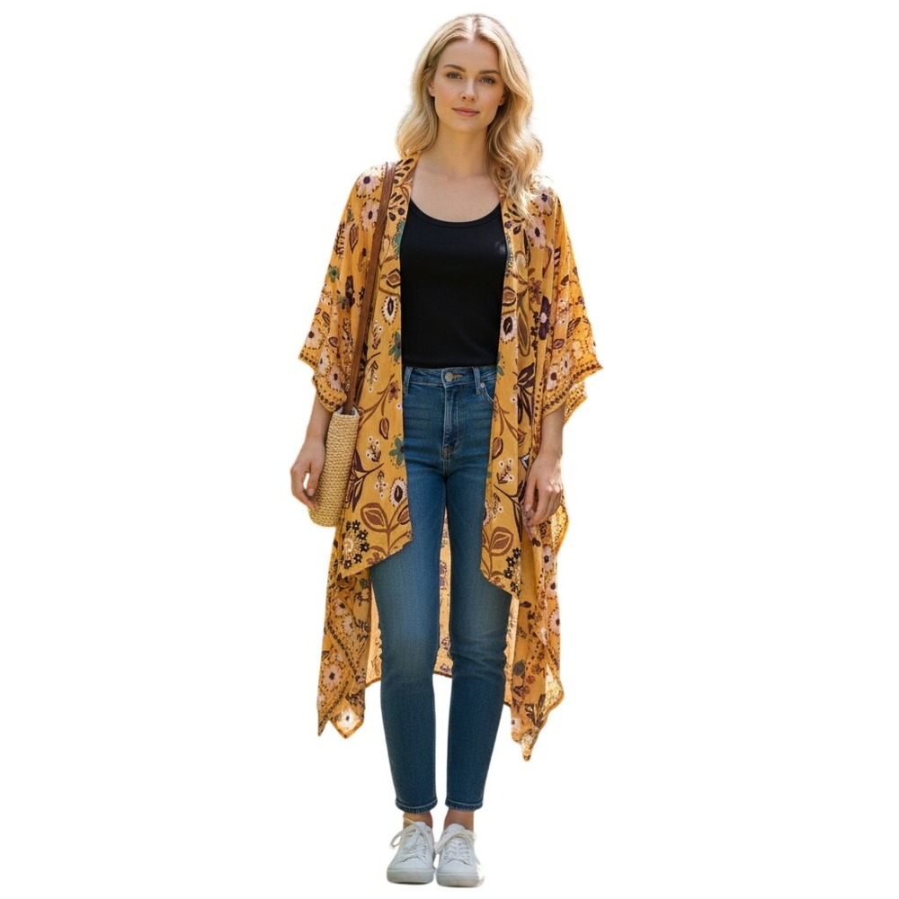 Easel Mustard Yellow Floral Kimono Wrap Bohemian Open Front Cover Up NWT Large